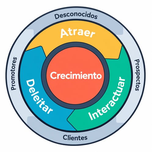 Modelo de crecimiento: atraer, interactuar y deleitar a desconocidos, prospectos, clientes y promotores.