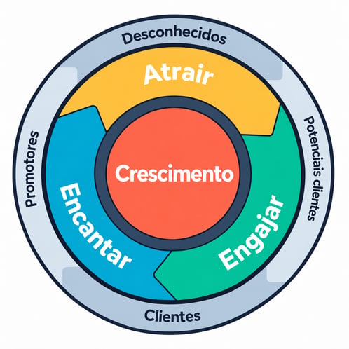 Modelo de crescimento: atrair, engajar e encantar desconhecidos, potenciais clientes, clientes e promotores. Modelo de crescimento: atrair, engajar e encantar desconhecidos, potenciais clientes, clientes e promotores.