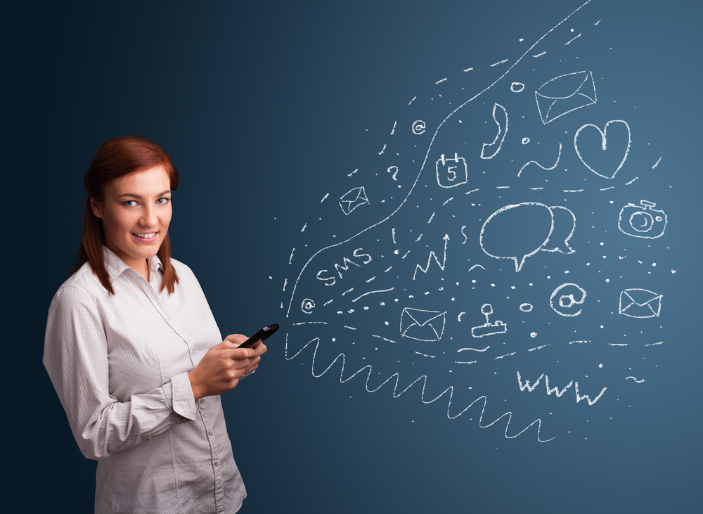 Young girl typing on smartphone with various modern technology icons and symbols-1 Young girl typing on smartphone with various modern technology icons and symbols-1