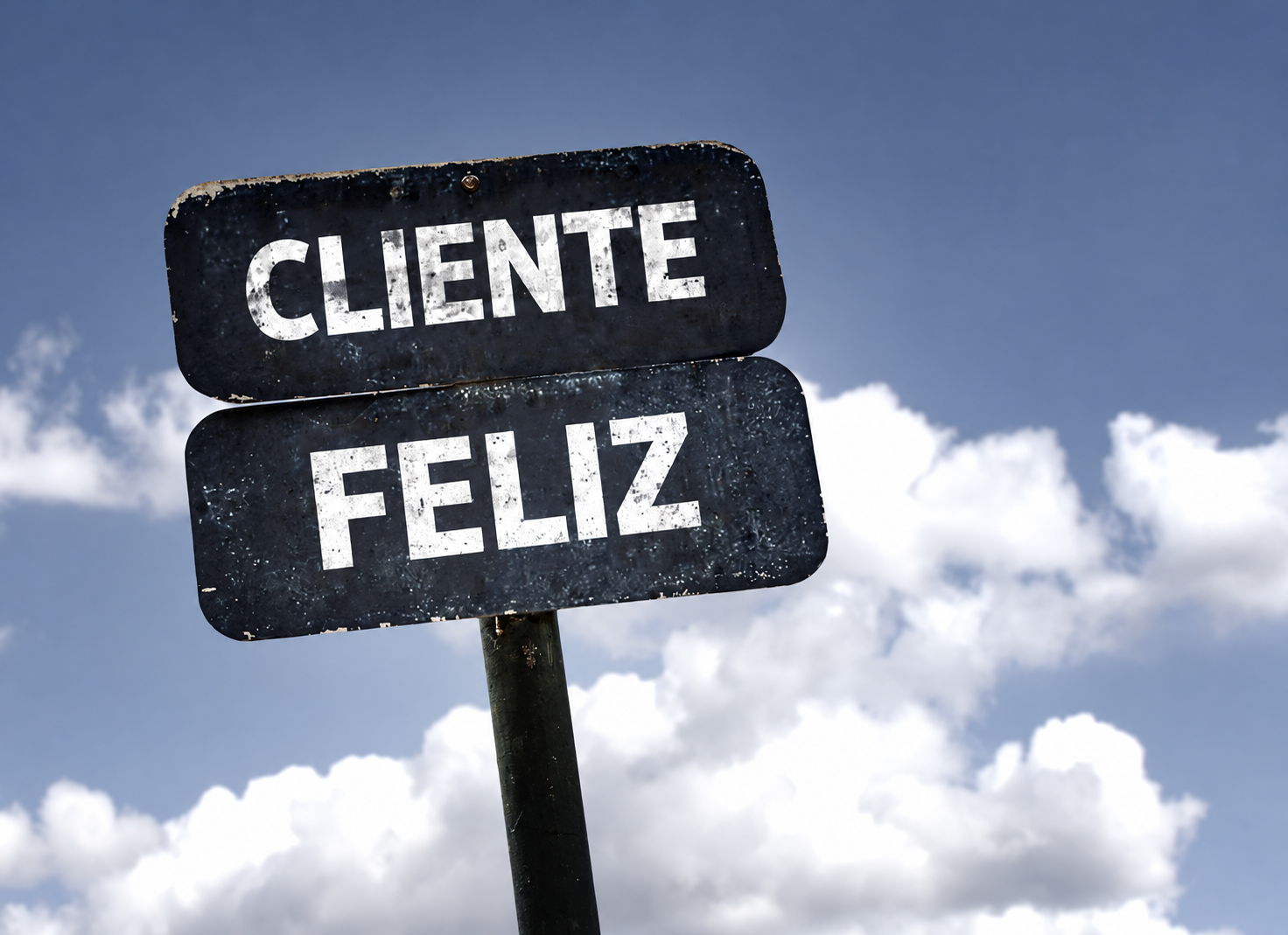 Carteles con el texto «Cliente feliz» frente a un cielo con nubes.