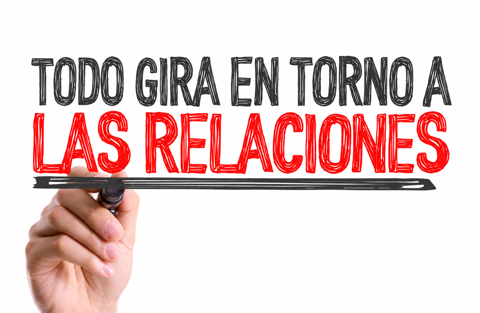 Mano con marcador bajo el texto «Todo gira en torno a las relaciones».